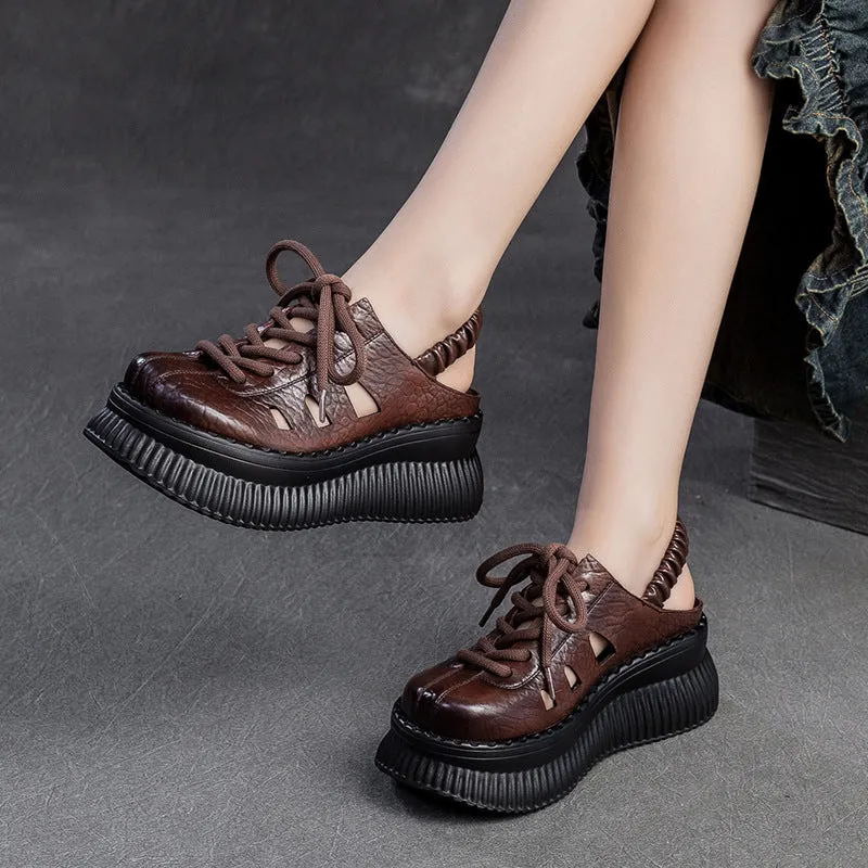 Women Retro Leather Lace-up Casual Platform Sandals