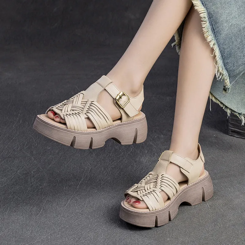 Women Retro Plaited Leather Platform Casual Sandals