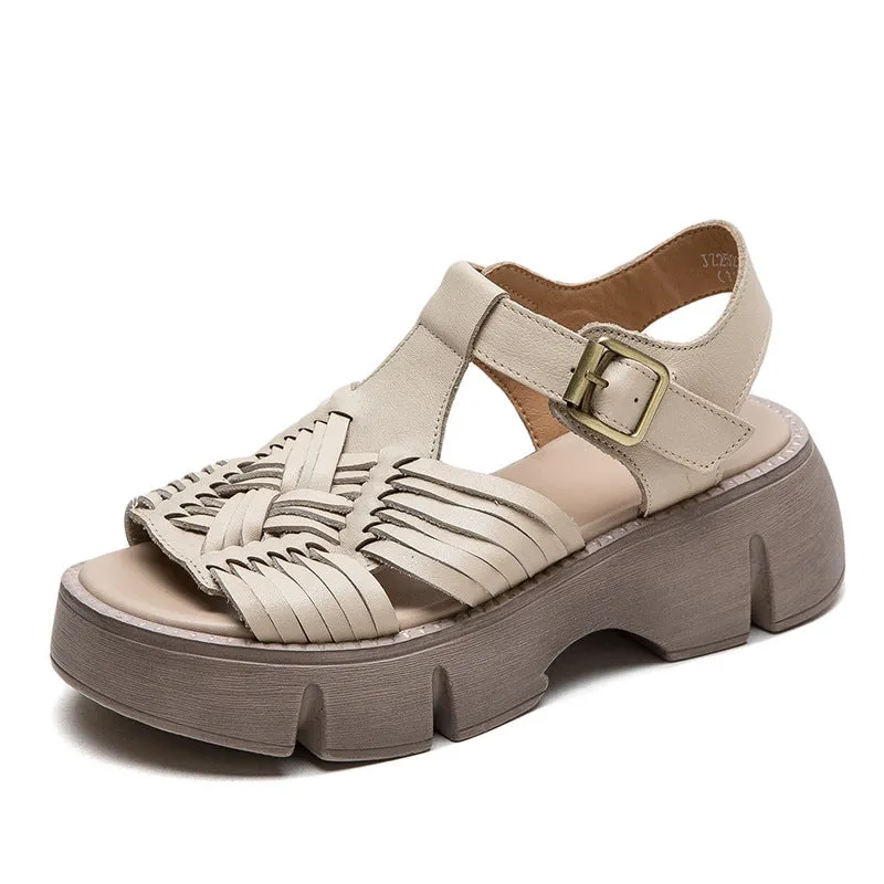 Women Retro Plaited Leather Platform Casual Sandals