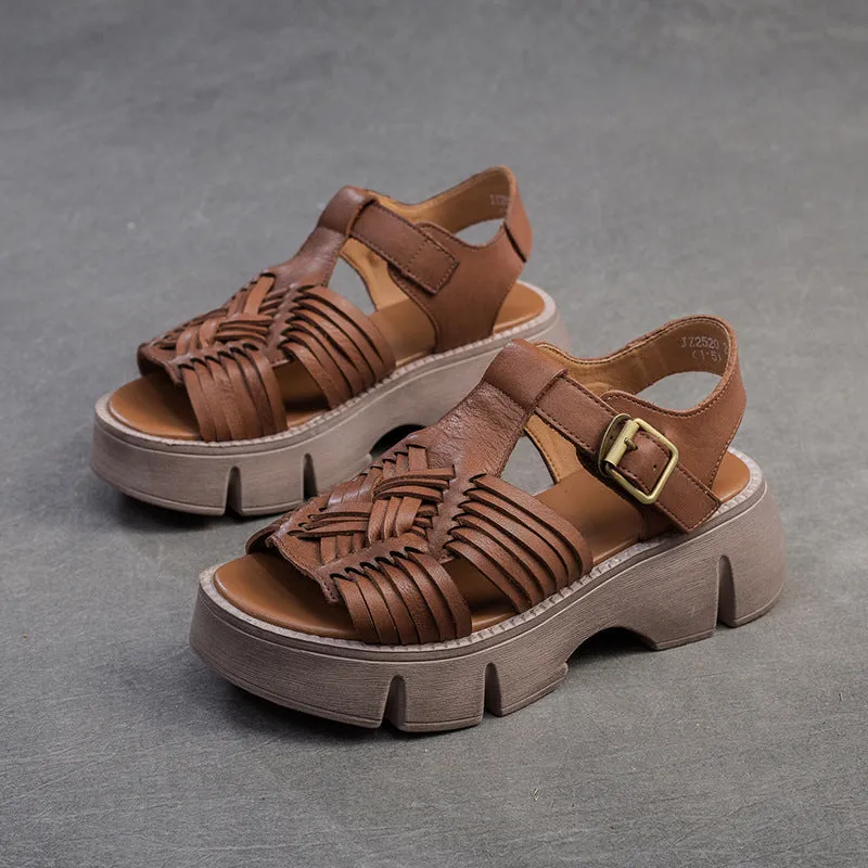 Women Retro Plaited Leather Platform Casual Sandals