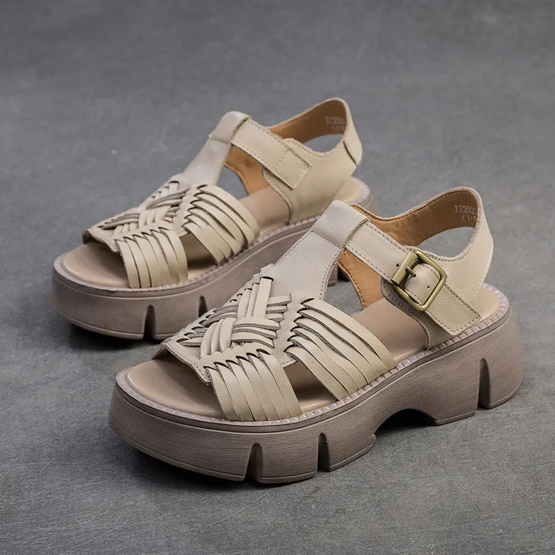 Women Retro Plaited Leather Platform Casual Sandals