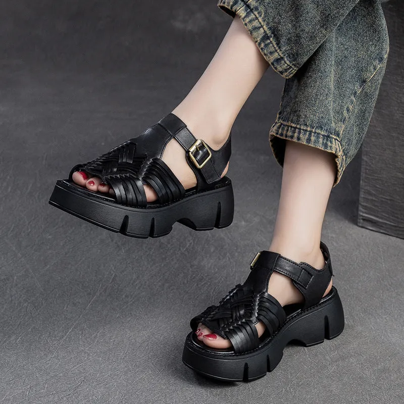 Women Retro Plaited Leather Platform Casual Sandals