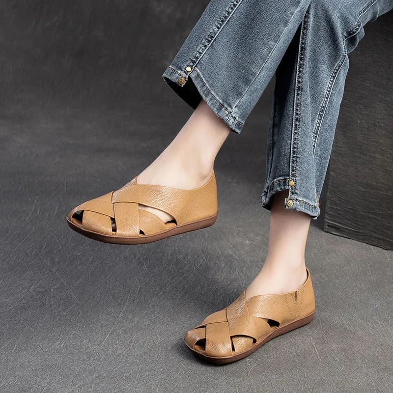 Women Retro Soft Leather Summer Flat Sandals