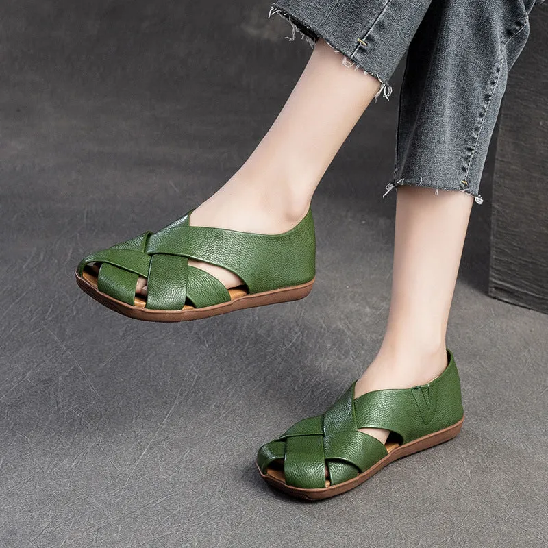 Women Retro Soft Leather Summer Flat Sandals