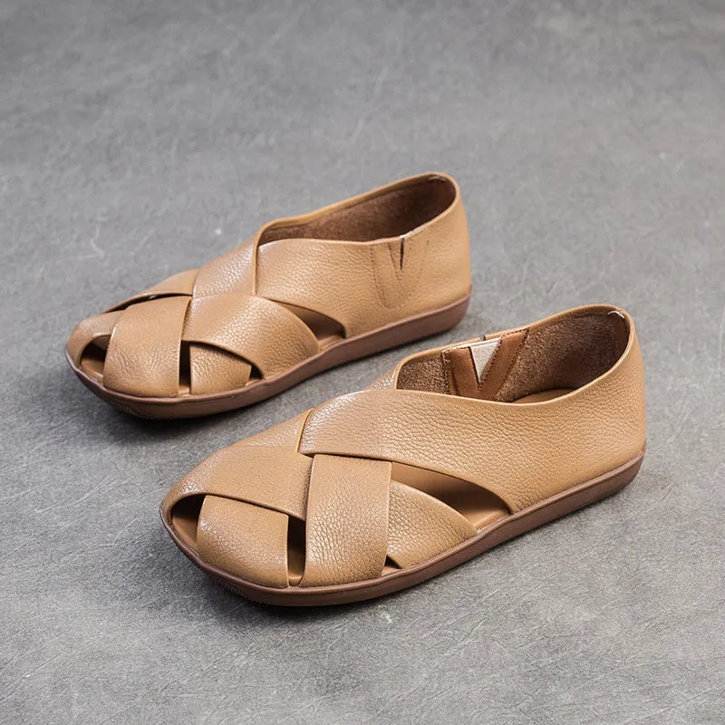 Women Retro Soft Leather Summer Flat Sandals