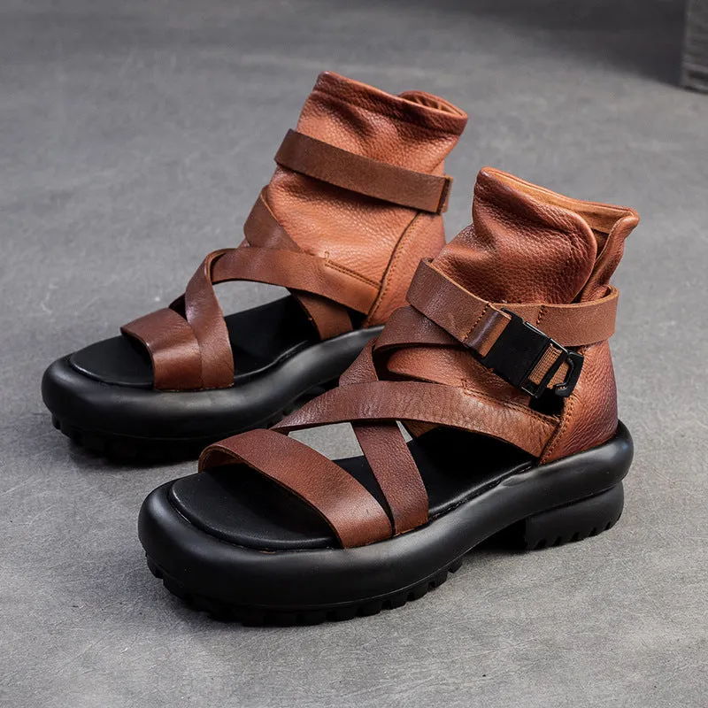 Women Soft Leather Casual Platform High Top Sandals