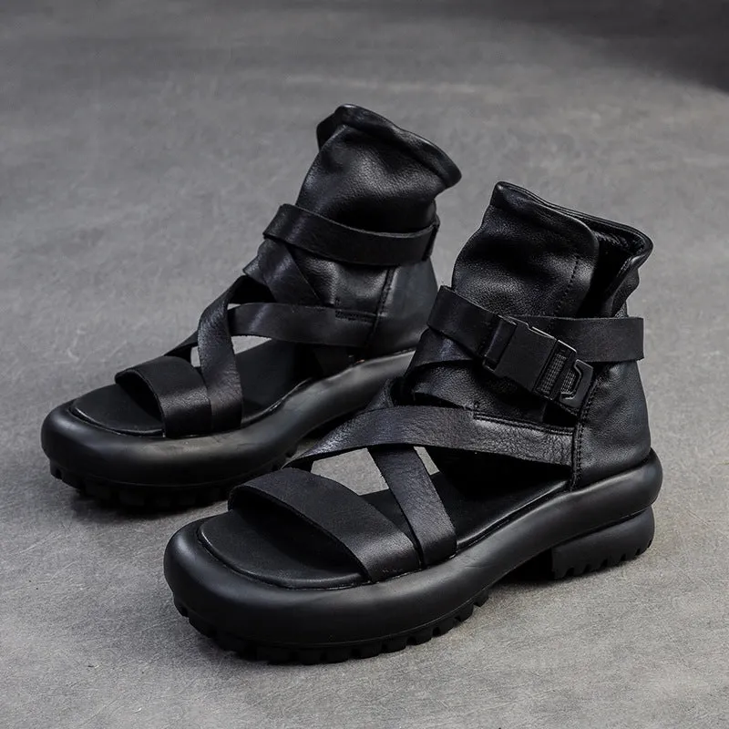 Women Soft Leather Casual Platform High Top Sandals