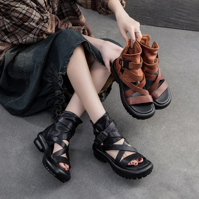 Women Soft Leather Casual Platform High Top Sandals