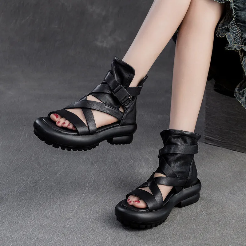 Women Soft Leather Casual Platform High Top Sandals