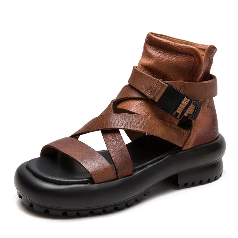 Women Soft Leather Casual Platform High Top Sandals