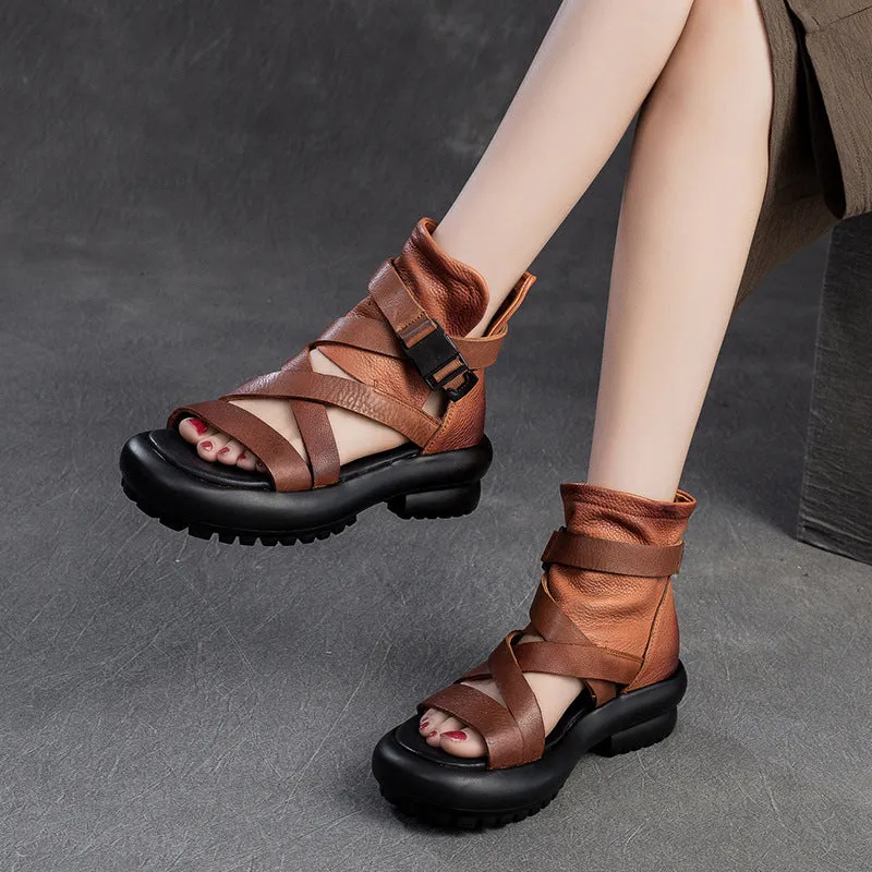 Women Soft Leather Casual Platform High Top Sandals