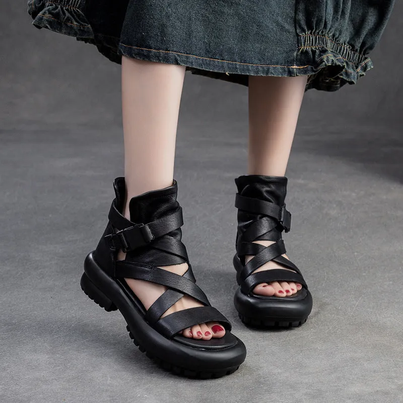 Women Soft Leather Casual Platform High Top Sandals