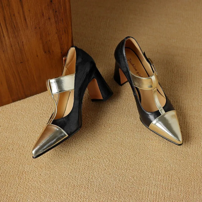 Women's Color Contrast T-Strap Design High Heels Shoes