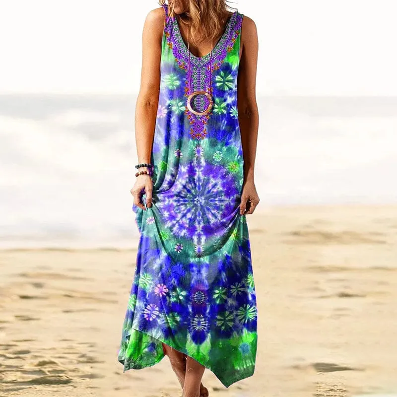 Women's Tie-dye Loose Print Sleeveless Dress