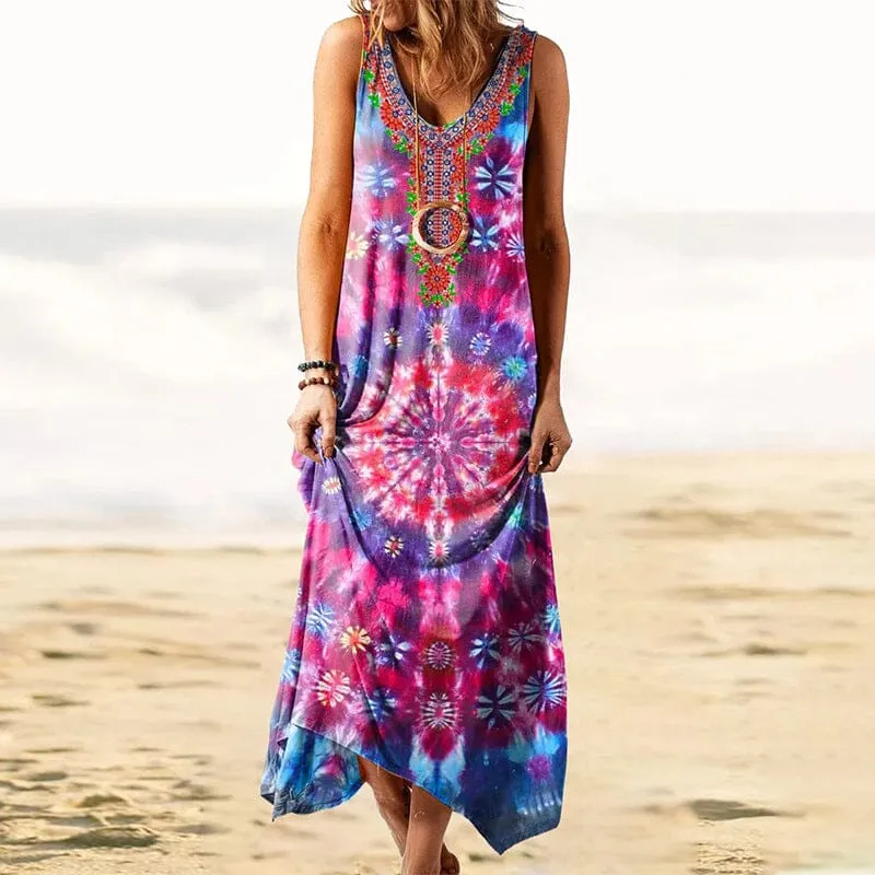 Women's Tie-dye Loose Print Sleeveless Dress