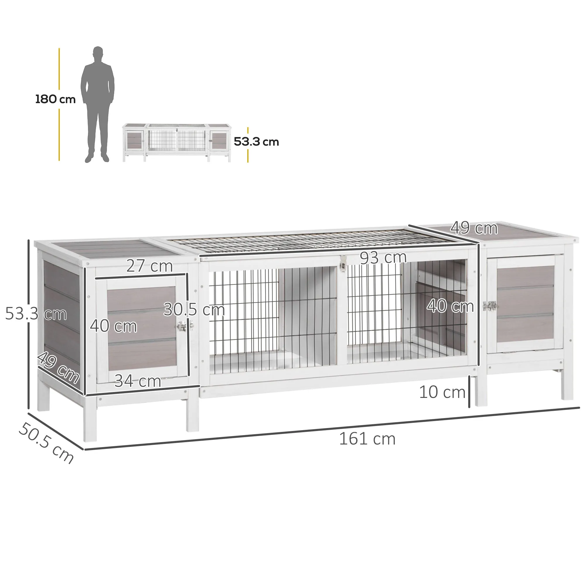 Wooden Rabbit Hutch Guinea Pig Cage Separable Bunny Run Small Bunny House w/ Slide Out Tray, 161 x 50.5 x 53.3cm - Grey