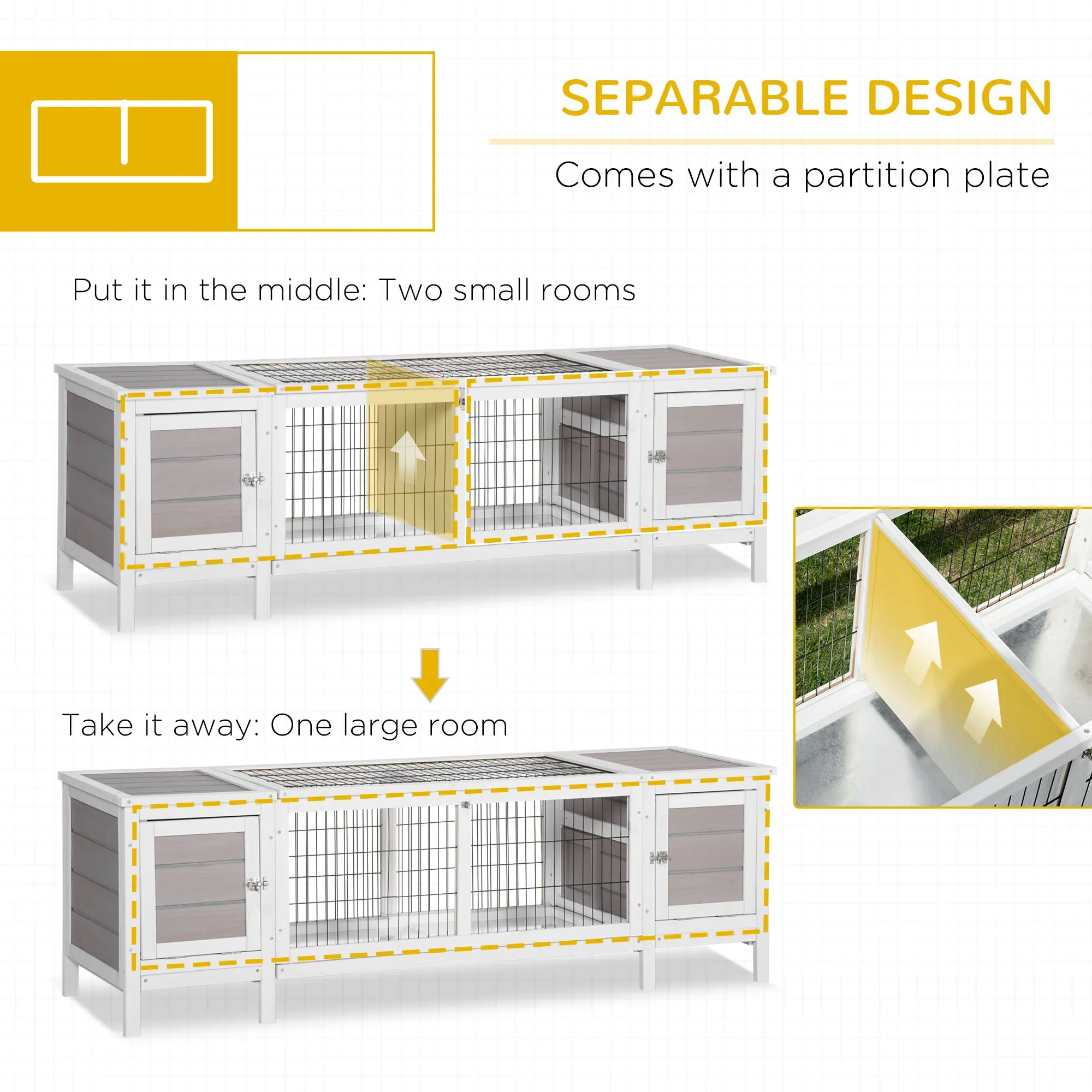 Wooden Rabbit Hutch Guinea Pig Cage Separable Bunny Run Small Bunny House w/ Slide Out Tray, 161 x 50.5 x 53.3cm - Grey